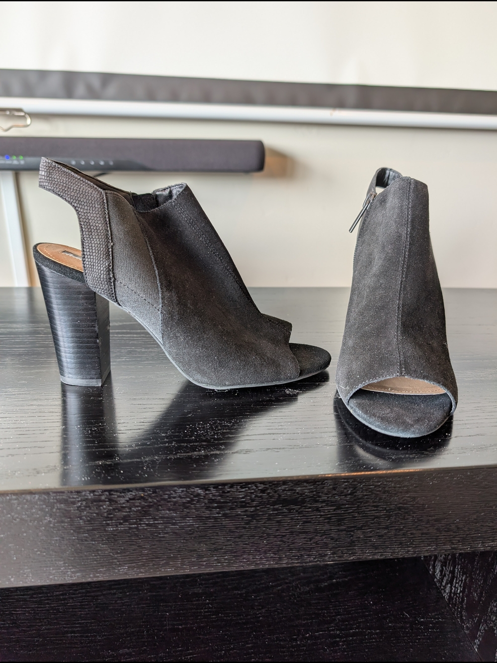 Tahari Black Suede Peep-Toe Block Heel Slingback Boots